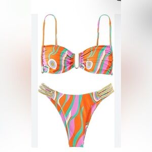 NEW SHEIN Neon Retro Print Orange Teal Bikini Swimsuit Beach 2 Pc Woman’s L Gold